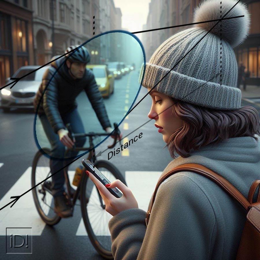 Femme traversant en regardant son smartphone devant un vélo cylciste