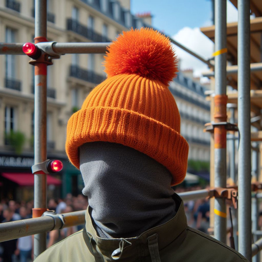 Hooded man with connected pom-pom hat