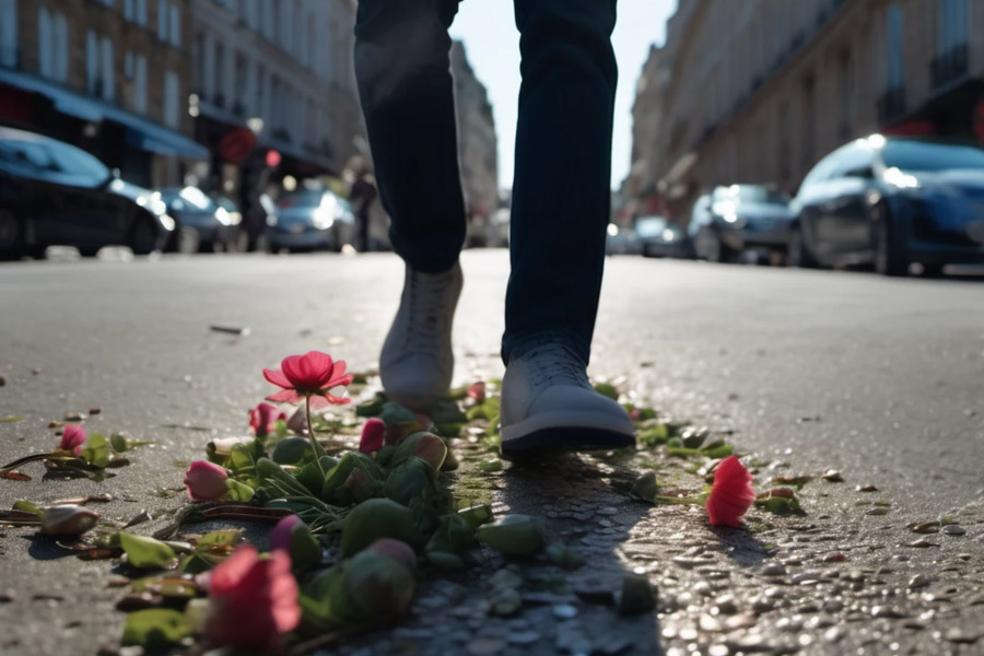 Pot de fleur écrasé devant un passant dans la rue